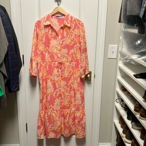 This season’s J McLaughlin linen/cotton blend dress in pink/orange.